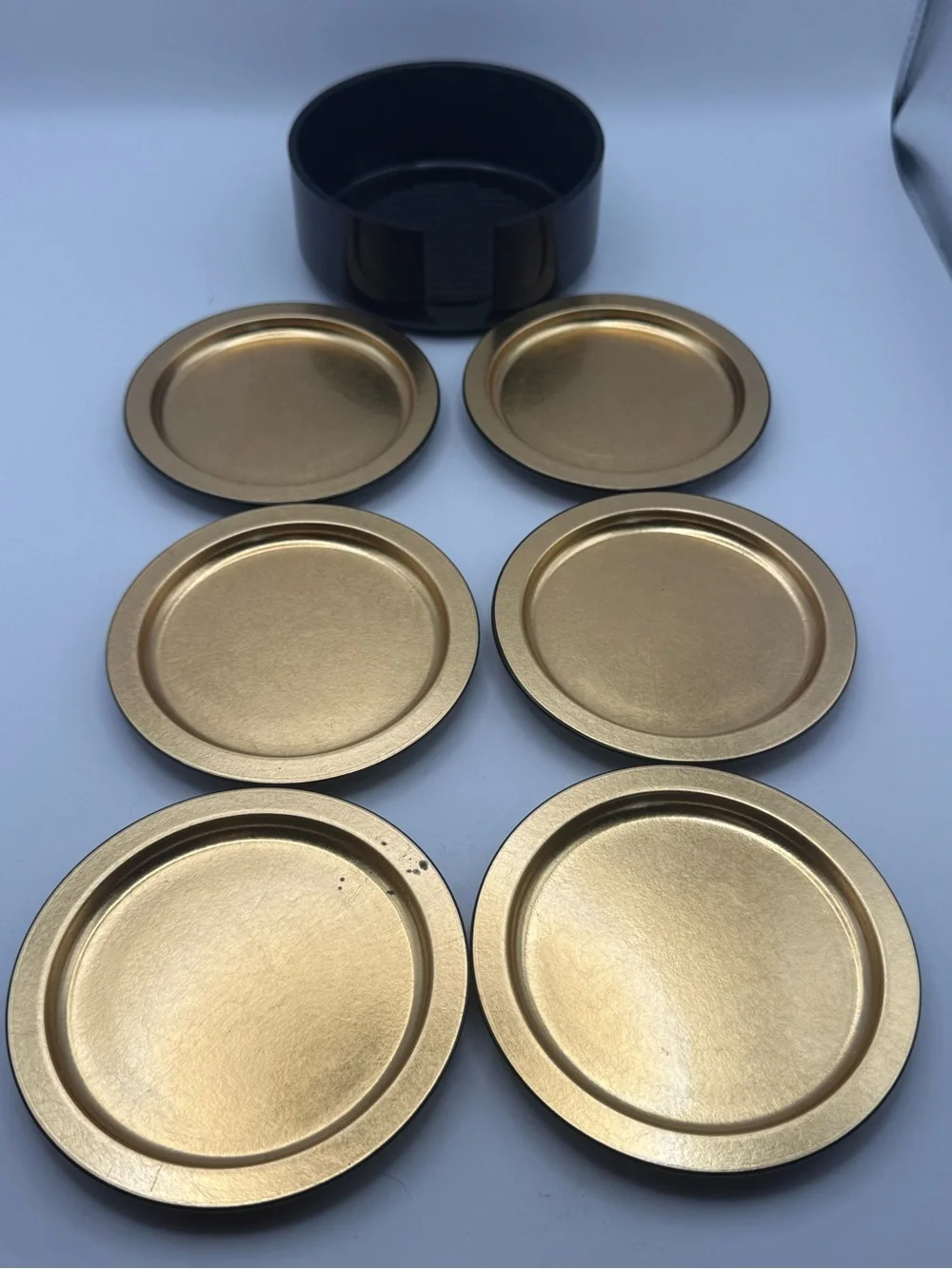 Vintage Nancy Calhoun Designs Japan Black Gold Lacquer Coasters Set of 6 Holder